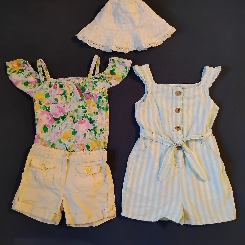 LOT Janie Jack Set Shorts Top Seaside Summer 5 6 Swimsuit Outfit Hat Girl Preppy